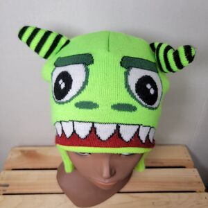 Japanese Brand Streetwear Kids Green Knit Monster Beanie w/ Horns - Size OSFM
